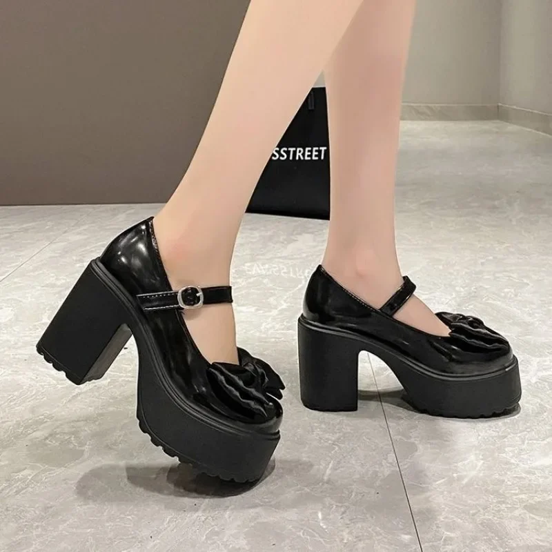 White Round Toe Platform High Heels Women Mary Jane Shoes Retro Bows Elegant Chunky Heel Women\'s Wedding Shoes