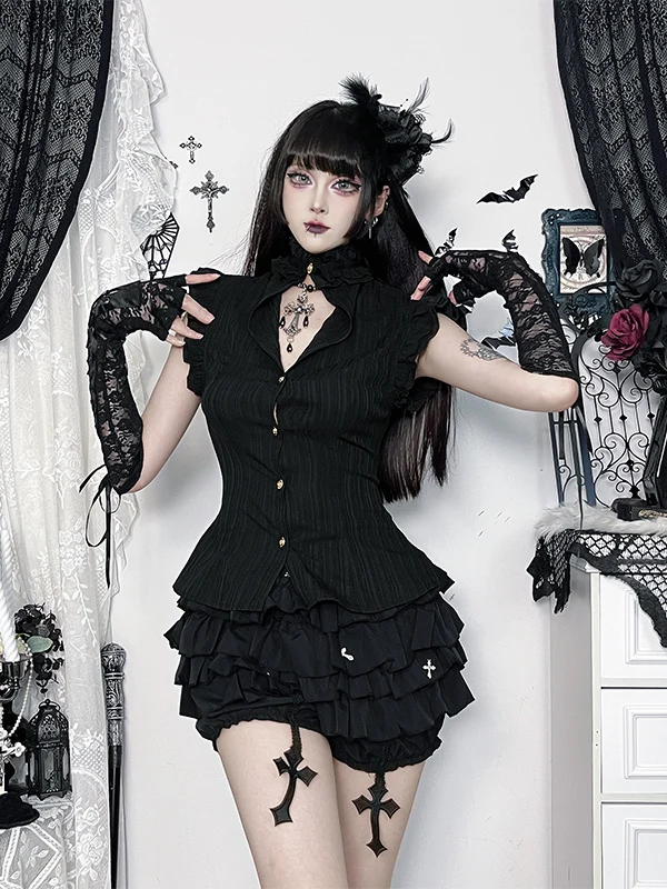 Wannathis Gothic Sle Bla ort Sve Puffy Rok irt Y2K Top voor Trendy Meisjes Halloween Kostuum Polyester Vezel Slim Fit
