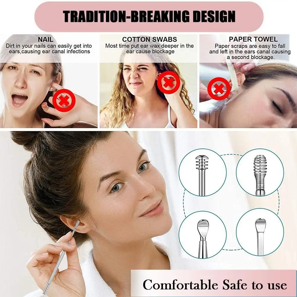 6Pcs/set Ear Cleaner Ear Wax Pickers Stainless Steel Earpick Wax Remover Piercing Kit Earwax Curette Spoon Care Ear Clean Tools