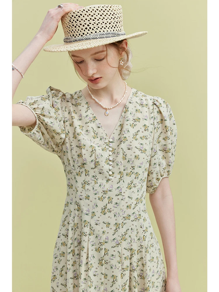 FSLE French Chiffon Floral Dress For Women\'s Summer 2023 New V-neck Seaside Vacation Dress For Women White Yellow Women Dress