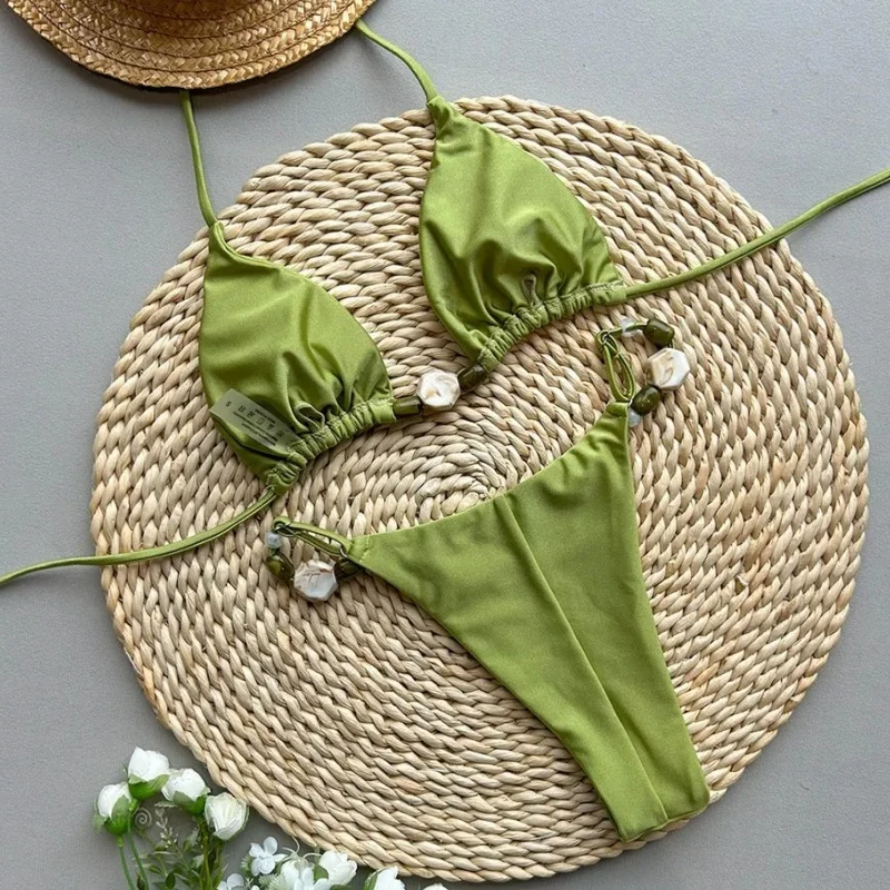 

Split Bikini Set Swimwear Women Sexy Halter Triangle Bead String Thong Micro Bikini 2025 New Brazilian Bikinis Beachwear 2 Piece