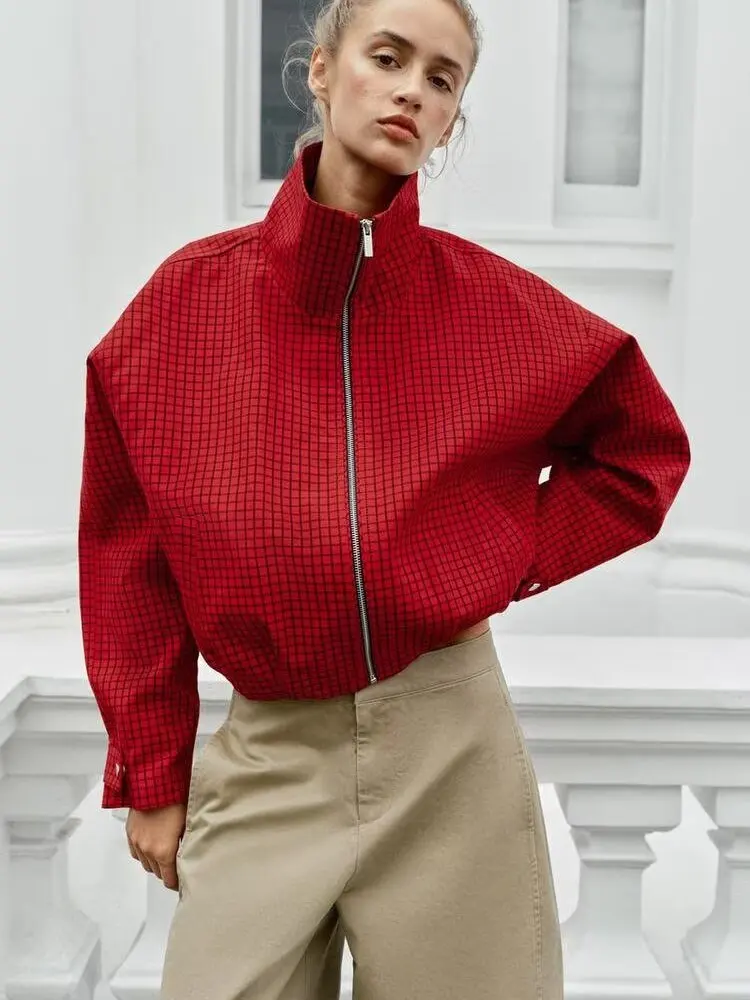 New Autumn Women's Long Sleeve Stand Collar Plaid Pilot Jacket Outerwear Casual Style Standard Fit Other Material 100%