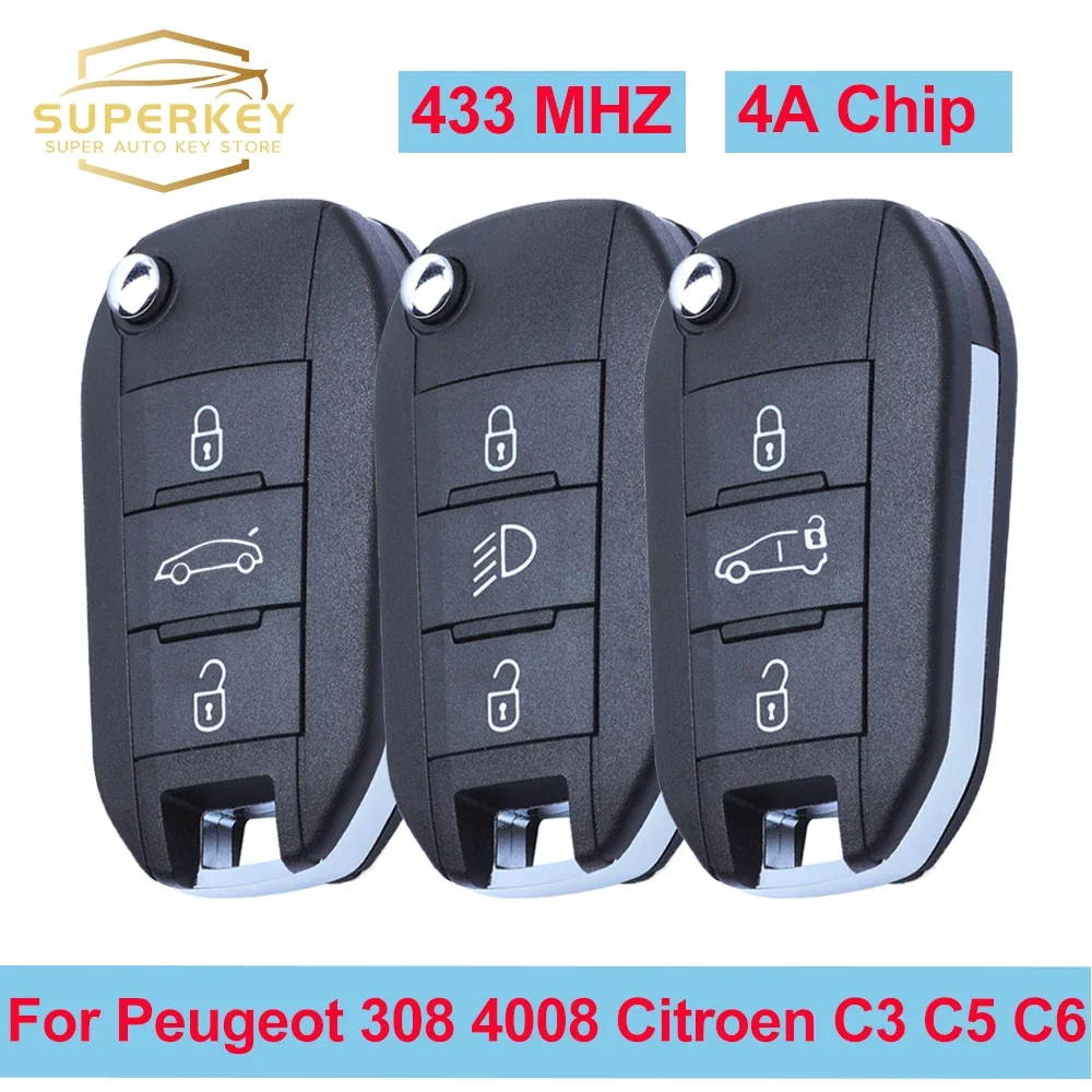 SUPERKEY 4A Chip Flip Remote Folding Car Key 433 MHZ HU83 VA2 Blade Dla Peugeot 308 4008 Dla Citroen Aircross C3 C4 C5 C6