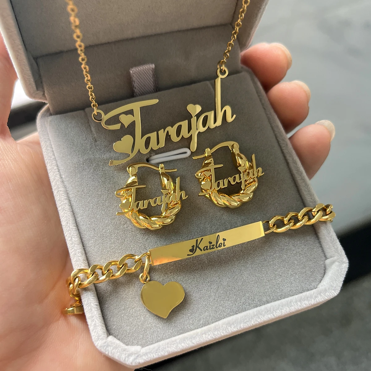 Customized Jewelry Sets Name Children's Set Personalized Letter Necklace Name Bangles Stainless Steel Mini Earring For Kids Gift