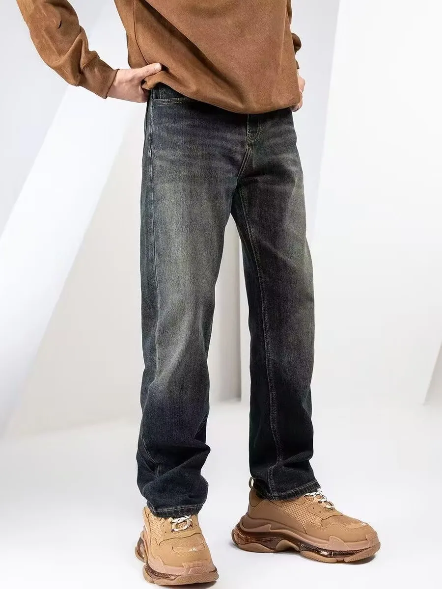 بنطلون جينز رجالي فضفاض مبطن بالساق المستقيمة كاجوال عالي الخصر من قماش الدنيم للشباب بنطال شتوي طويل مرن #3