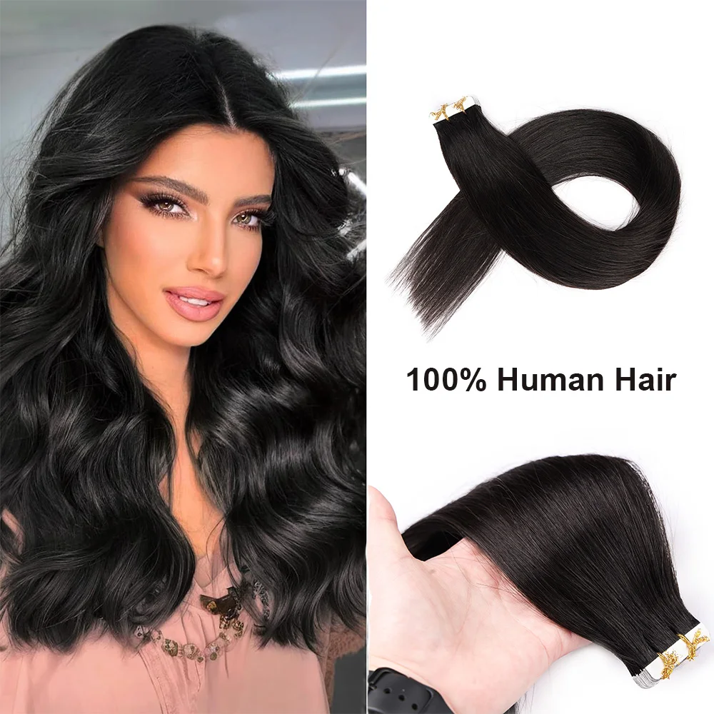 Tape in Hair Extensions 100% Human Hair Seamless Invisible Tape in Brazilian Hair Extensions Jet Black #1 20pcs 50g