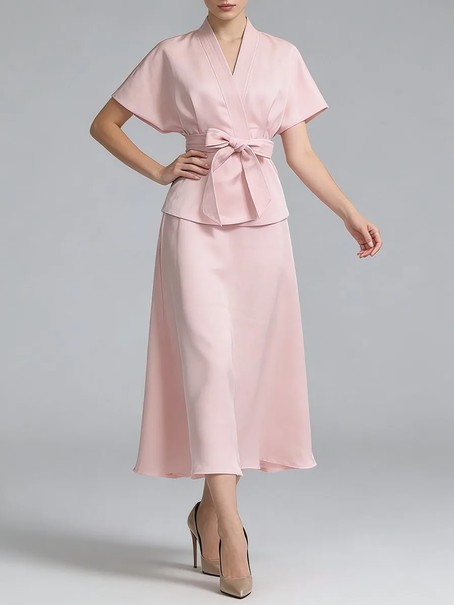 TWOTWINSTYLE Solid Casual Two Piece Sets for Women V Neck Short Sleeves Spliced Bead Top High Waist Long Skirt Basics Set Female
