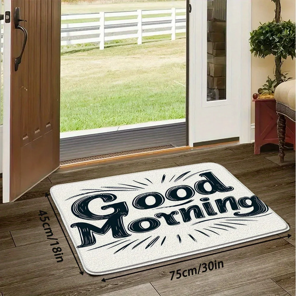 VIKAMA Quote Text Floor Mat Retro Good‑Morning Letter Typography Pattern Anti‑Slip Washable Doormat Entryway Porch Home Decor