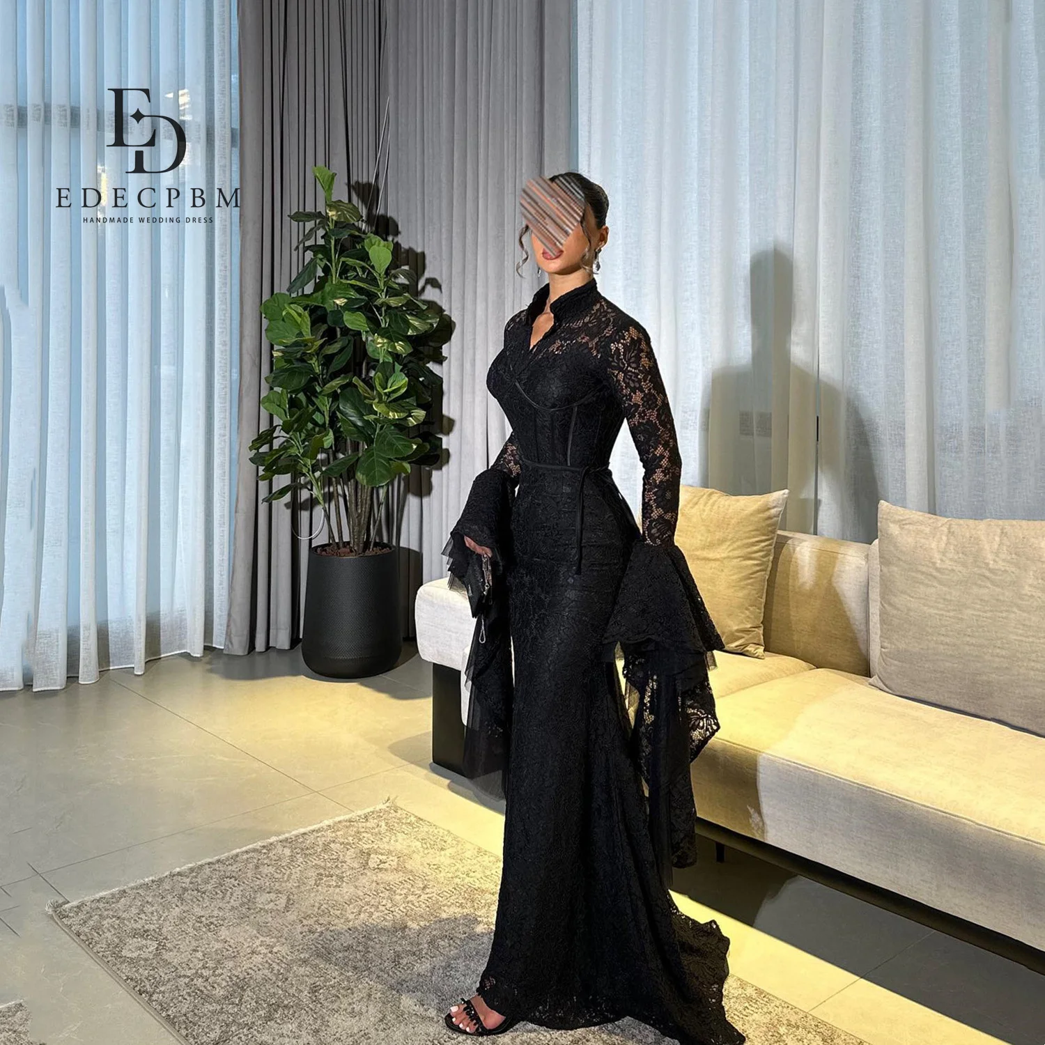 

EDECPBM Черные элегантные вечерние платья 2025 с длинными рукавами, женское вечернее платье, кружевные свадебные платья для вечеринок فساتين سهرة Русалка
