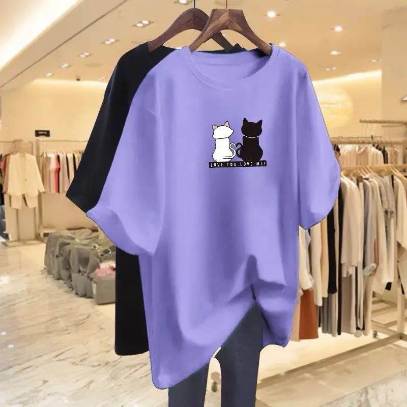 Women\'s Cute Cats Printed T-shirt Summer New O-neck Short Sleeve Pure Cotton Loose Basics Top Tee Lady Pullovers