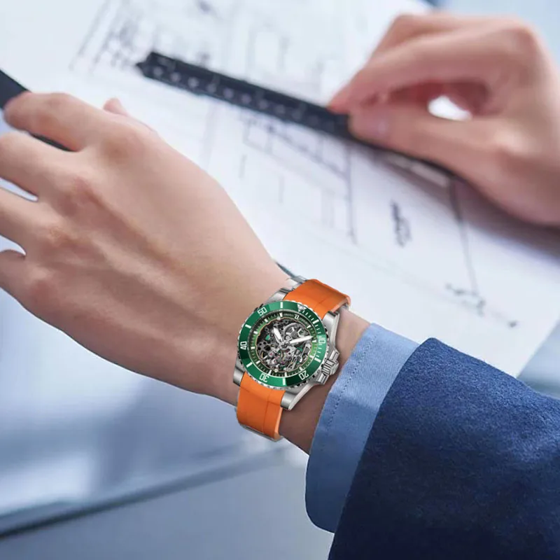 Роскошные мужские механические часы-скелетоны OBLVLO с резиновым ремешком и сапфировым стеклом, водонепроницаемые мужские часы для дайвинга 200 м