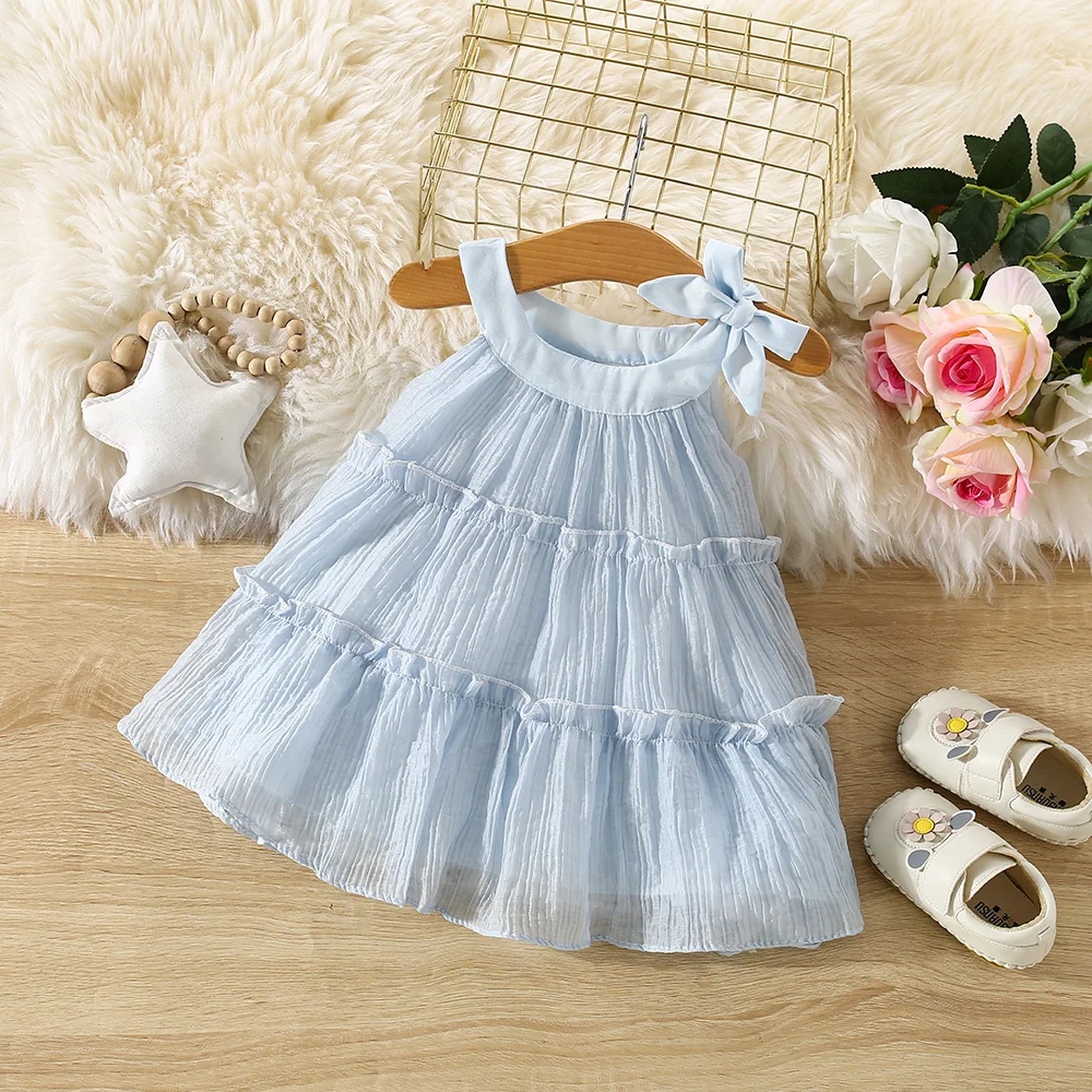 (0-3 Years Old) Summer Baby Girl Cotton Solid Color Suspender Thousand Layer Dress Girl Hanging Neck Princess Dress