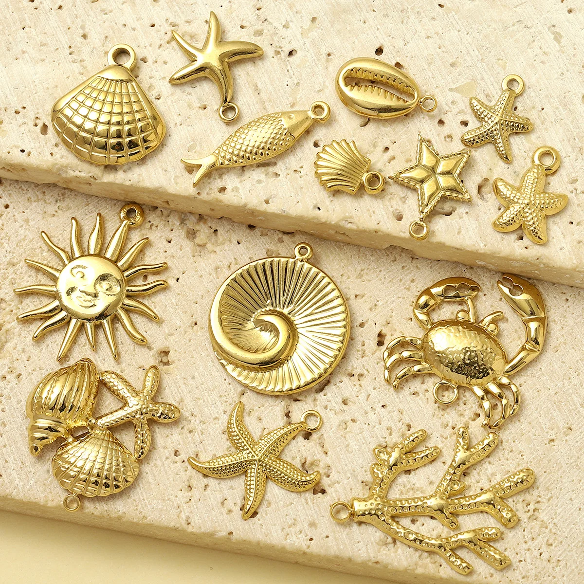 WG 2pcs/lot Vintage Starfish Seashell Sun Crab Charm Pendant DIY Stainless Steel Necklace Earrings Pendant Jewelry