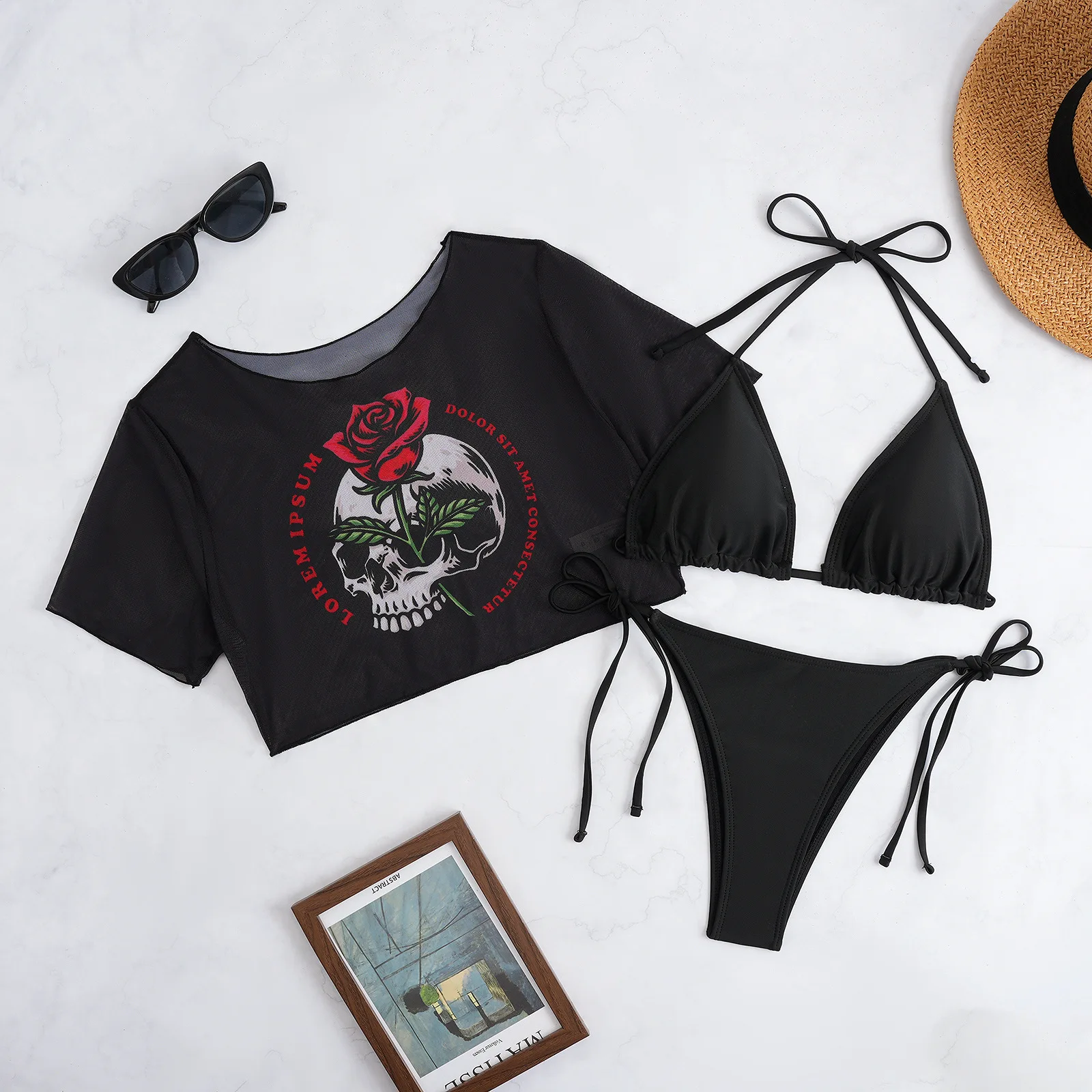 Bathing Suit Women European, American Retro Cotton Short Spice Girl Bikini Women's Summer Printed Short-sleeved T-shirt