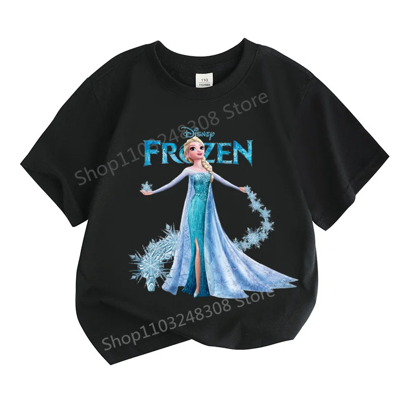 2024 New Design Cartoon Disney Frozen Princess Children 100%Cotton Girl Printed Street Casual Short Sleeve T-Shirt Girls Clothes