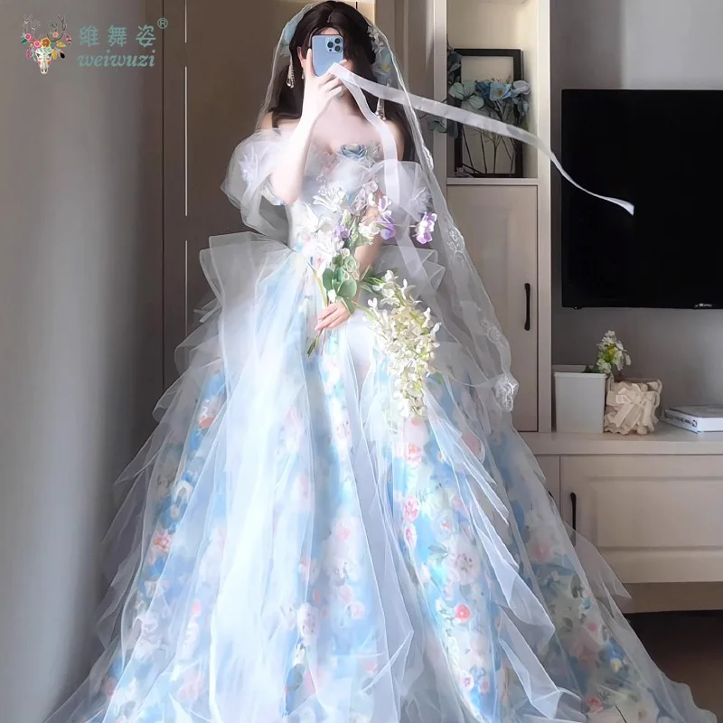 Azul gracioso inchado vestido de festa à noite flor renda aniversário rave outfit adulto cerimônia palco perfermance bonito fantasia traje