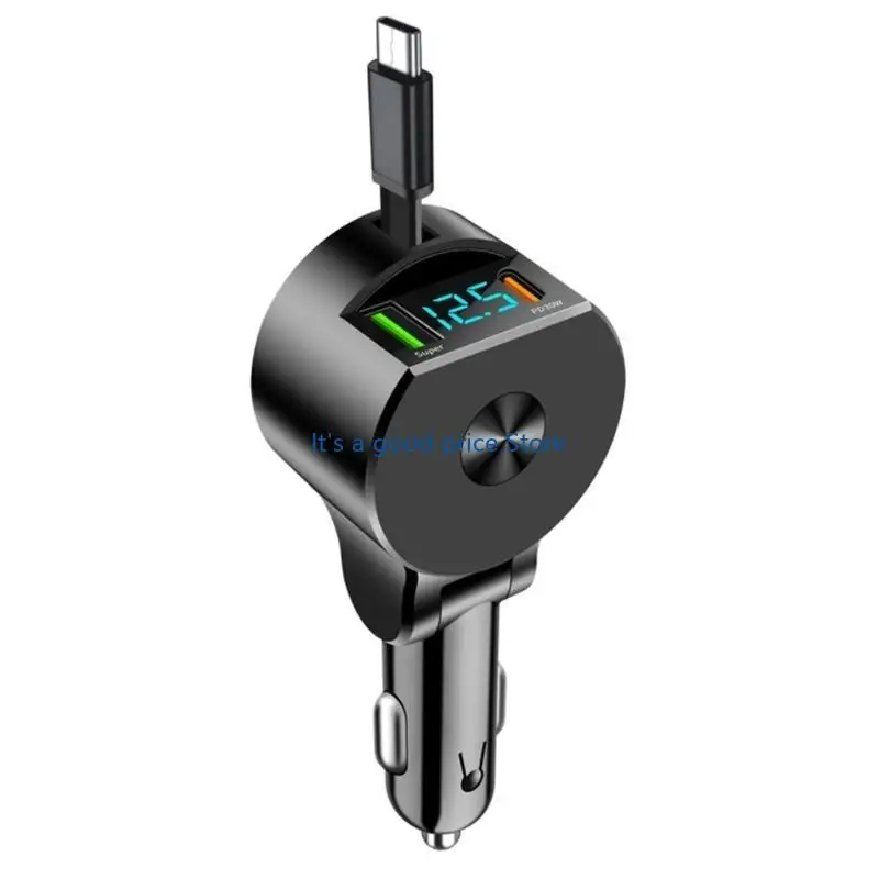  Multifunctional Car Charging Adapter with Triple Output Extendable Type C Cable