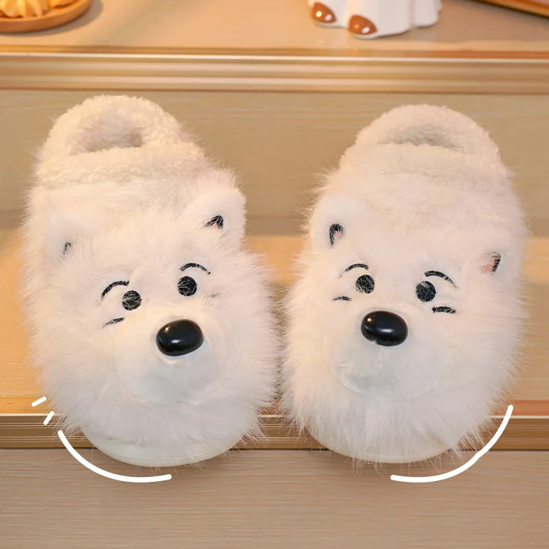 

Cute Cartoon Dog Fluffy Shoes For Women Men Winter Home Floor Slippers Anti-slip Light Weight Couples Indoor Warm Footwear