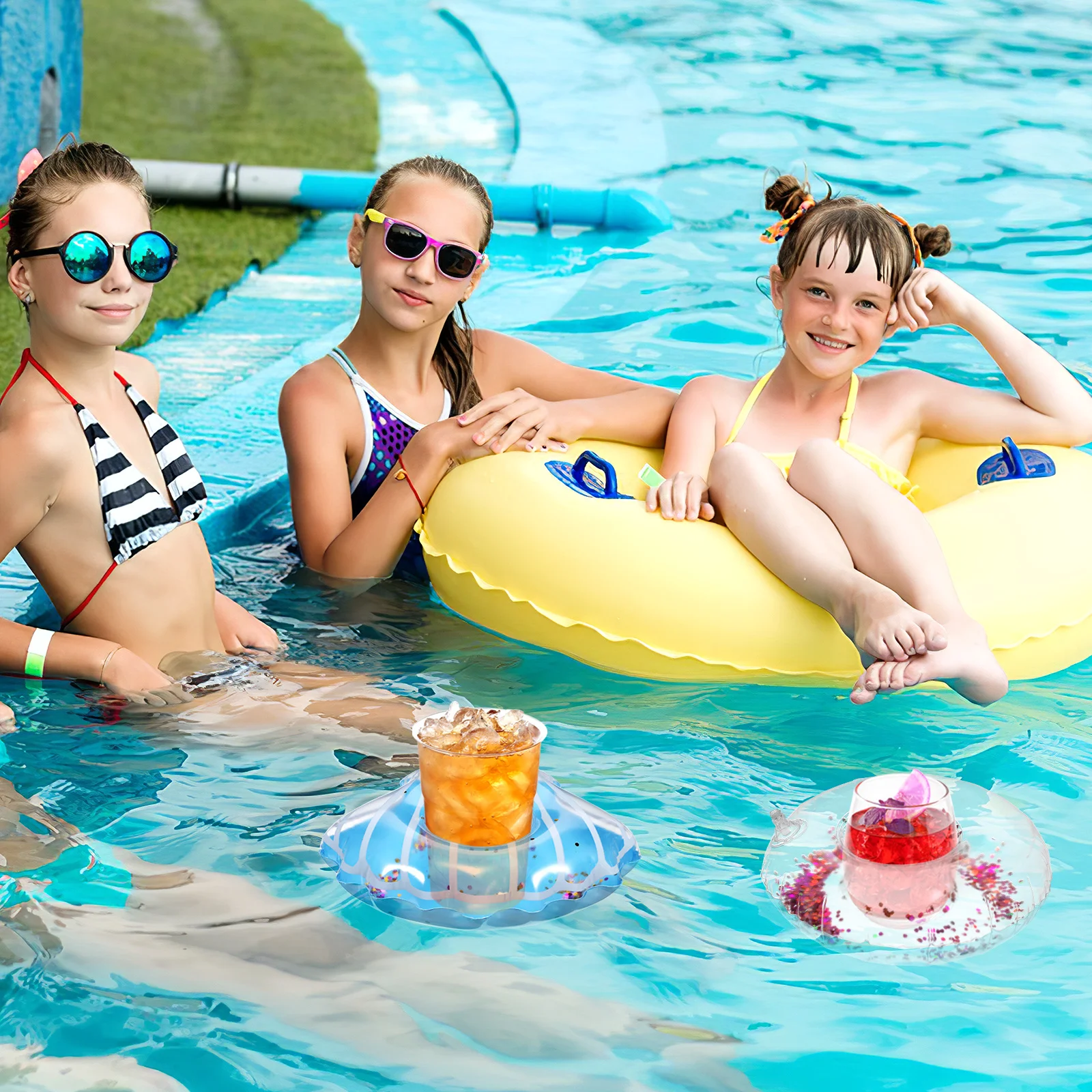 10Pcs Inflatable Drink Holder Glitter Floating Cup Holder High Buoyancy Lightweight Pool Coaster Swimming Pool Party