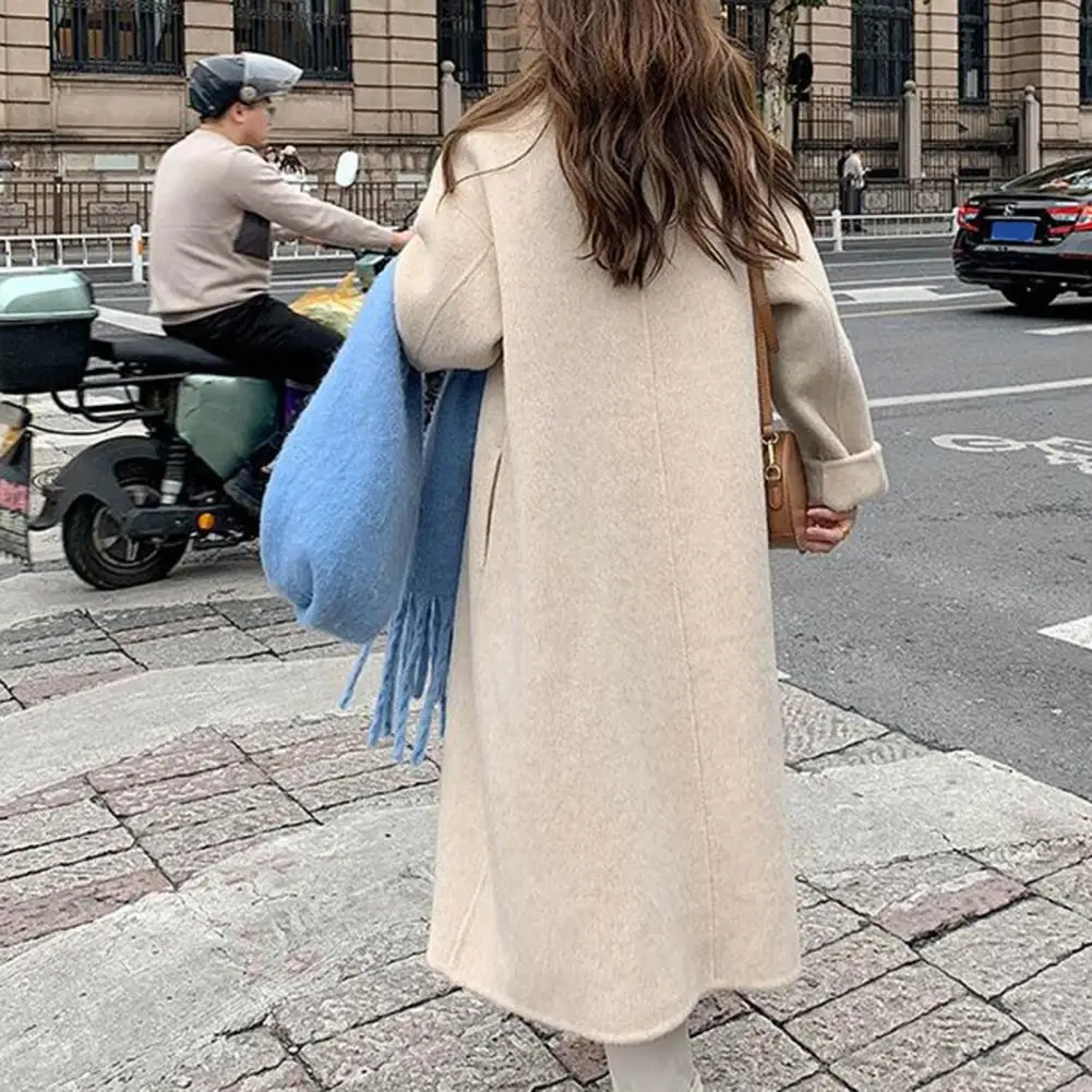 Women Woolen Coat Double-Breasted Lapel Stylish Overcoat Warm Mid-Length Double Pockets Winter Coat Lady Clothes Accessories