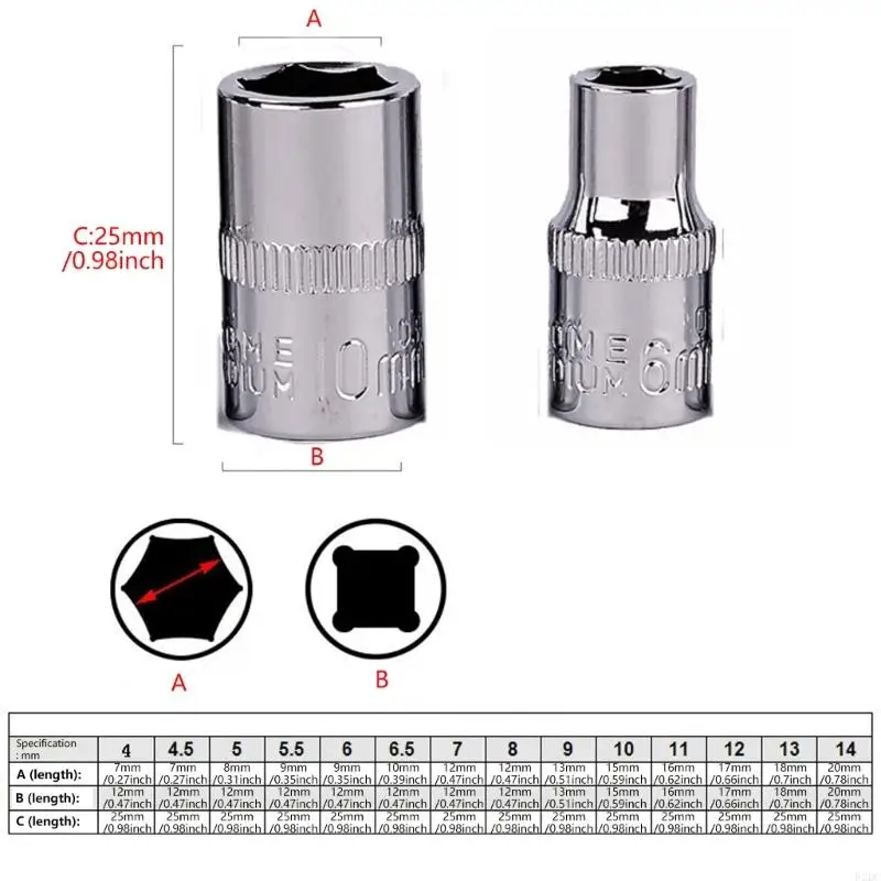 02dc Accesorio herramienta llave llave llave llave enchufe 02dc 1/4 pulgadas 6 puntos 4 mm 14 mm