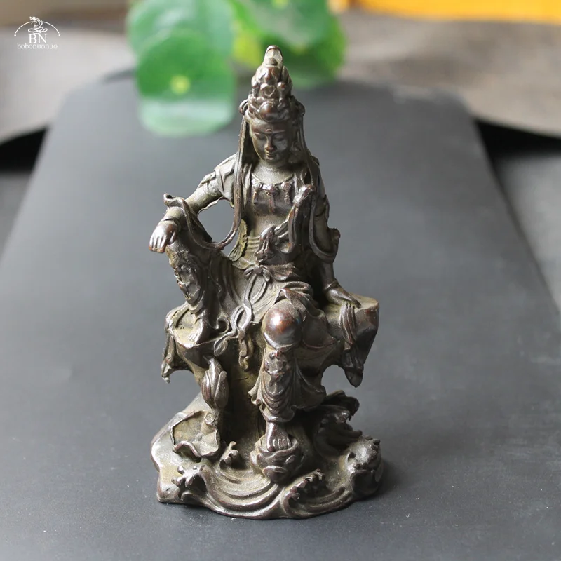 retro Style Leisurely Guan Yin Figurines Miniatures Copper Buddha Statue Home Decors Accessories Ornaments Bronze Collections