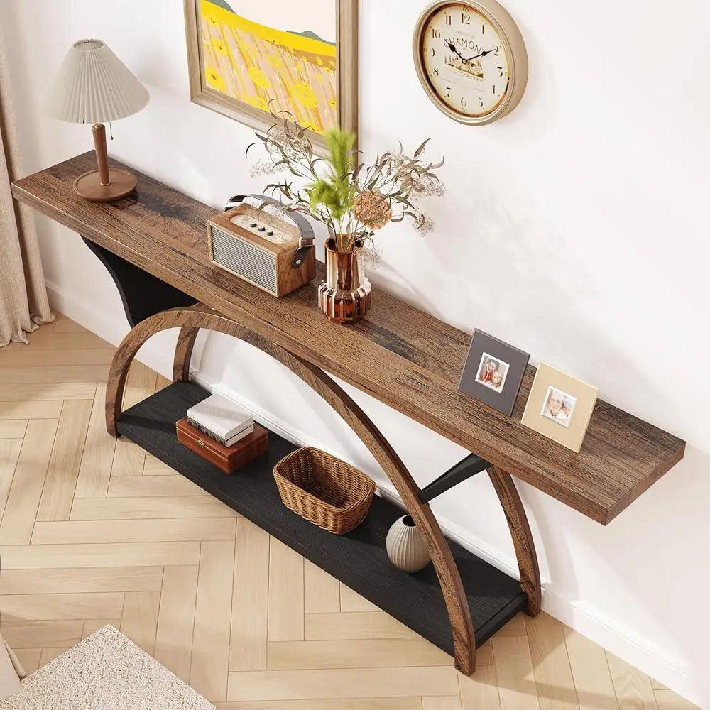 70.87"" Console Tables For Entryway, Narrow Long Entryway Table With Storage Shelf, 2-Tier Rustic Sofa Table With Half Moon
