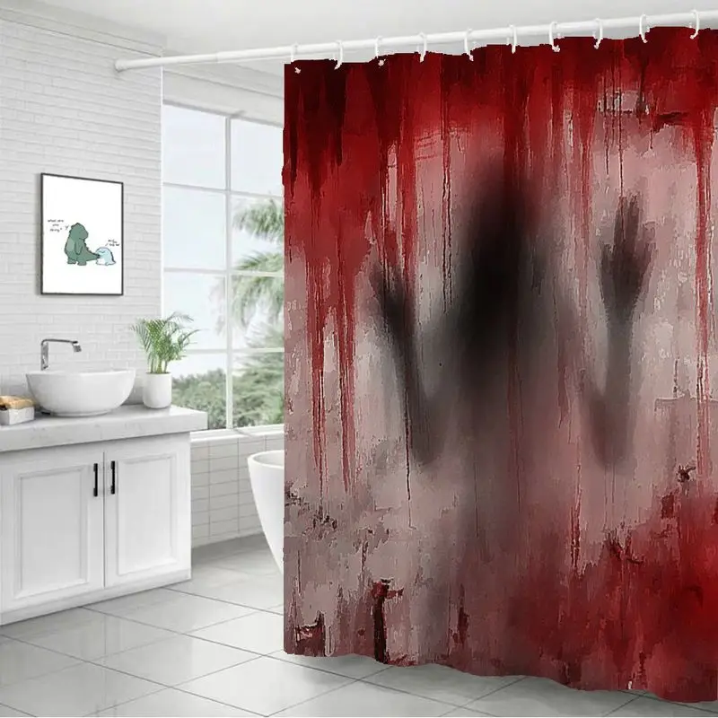 VIKAMA Creepy Fog Bloody Drip Shower Curtain Horror Shadow Hand Print Waterproof Fabric Halloween Bathroom Decor Bath Curtain