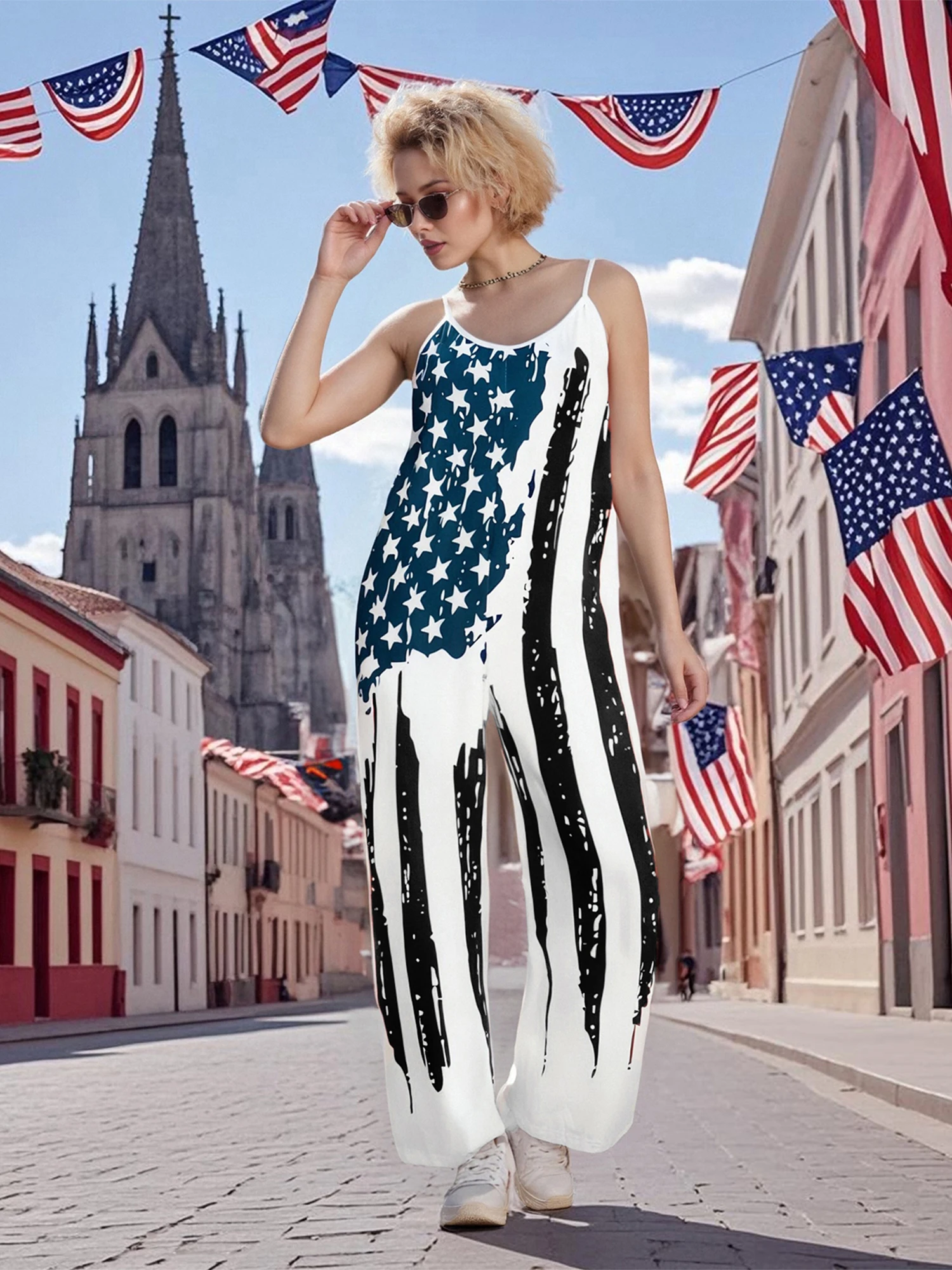 

Women s Patriotic Sleeveless Jumpsuit with American Flag Print Spaghetti Straps and Loose Fit for 4th of July Celebrations