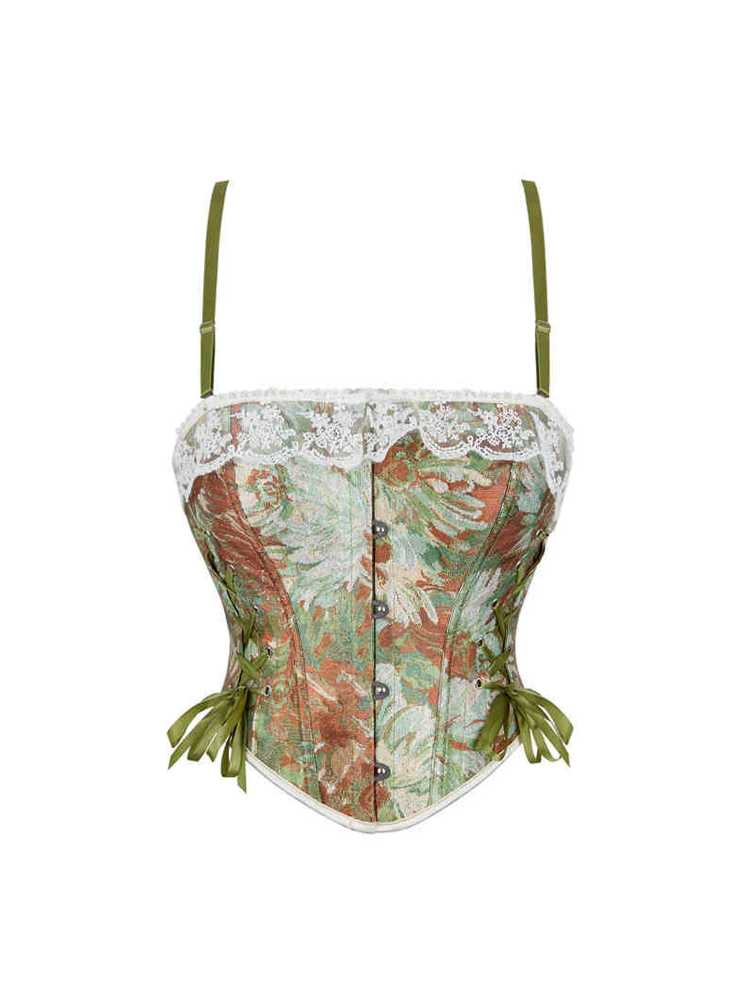 Women's Green Jacquard Flower Print Crop Top 90s Vintage Vest Sleeveless Lace Corset Top Off Shoulder Y2k Tank Top 2000s Clothes