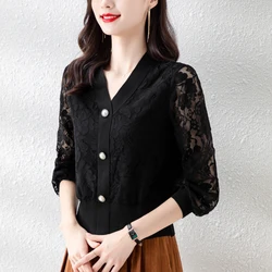 Elegant Black Lace Shirts For Women Vintage V-Neck Breasted Pullovers Blouses Sexy Hollow Out Spring Autumn Casual Tops Women