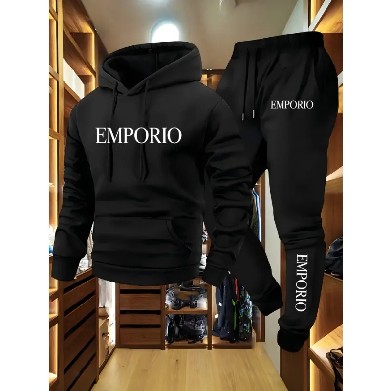 

Autumn and winter warm men's sports suit, casual and comfortable hooded sweatshirt and sports pants two-piece set
