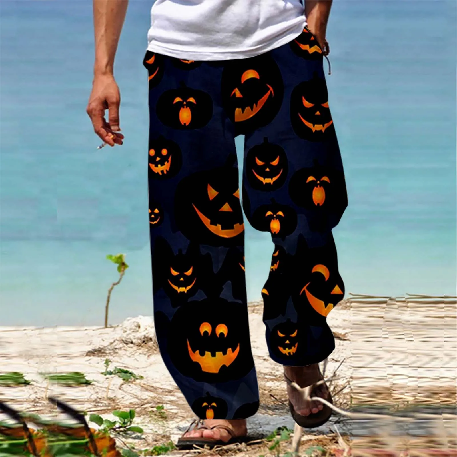 Cute Pumpkin Print Pants Men'S Fall New Halloween Pattern Trouser Drawstring Loose Pocket Bloomers Winter Outdoor Soft Sweatpant