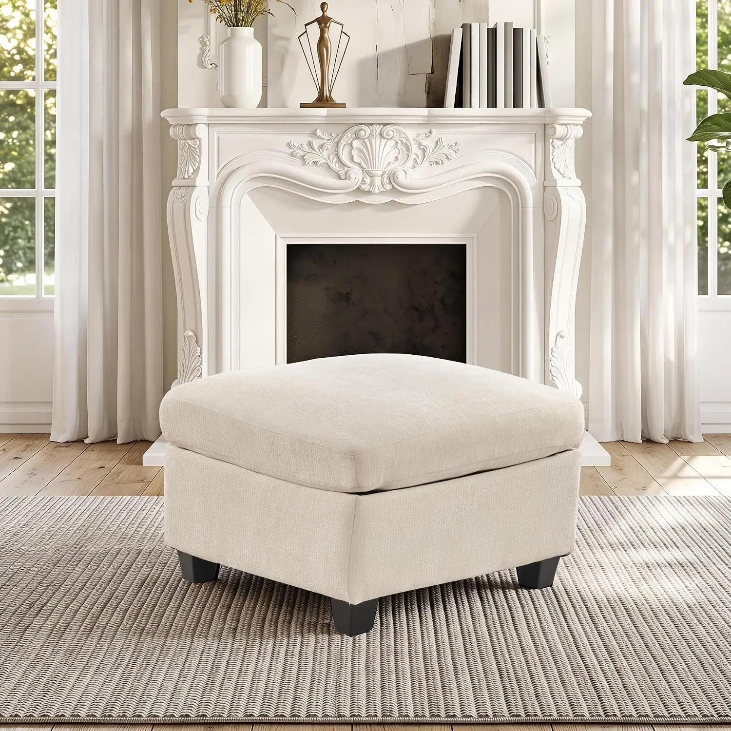 Square Storage Ottoman Footrest with Padded Chenille Seat for Bedroom Living Room Entryway Step Stool, Beige, Customized