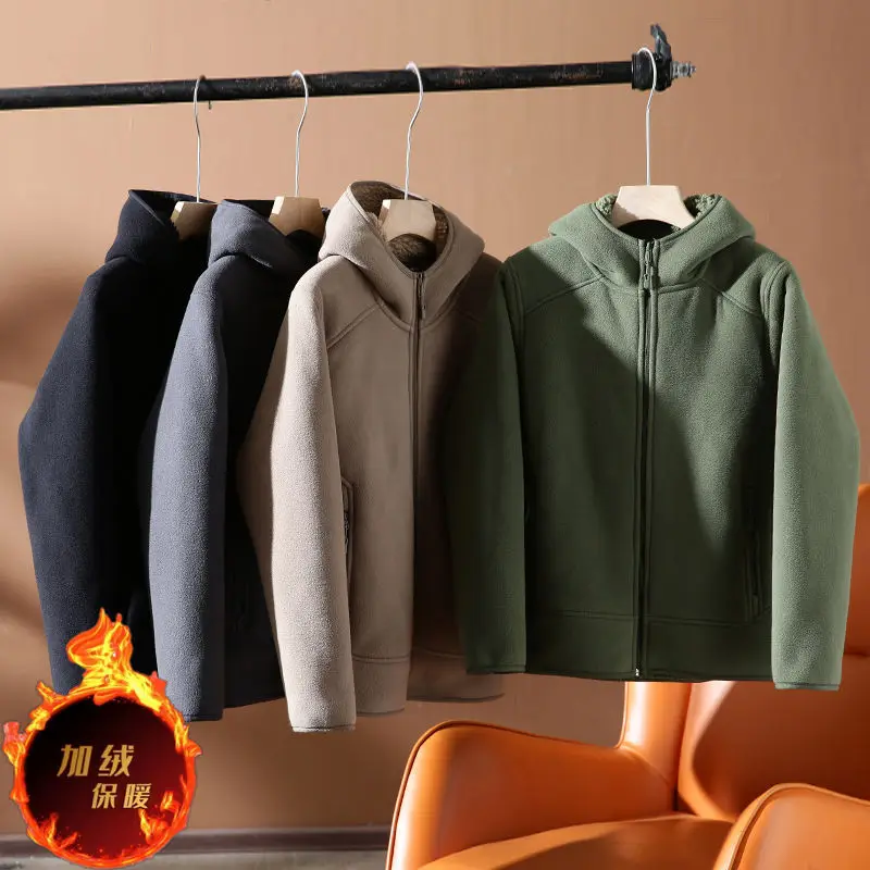 

Autumn Winter New Velvet Thick Warm Zipper Sweatshirt Hooded Couple Jacket Men's Clothing Windproof Fleece Jacket High Quality