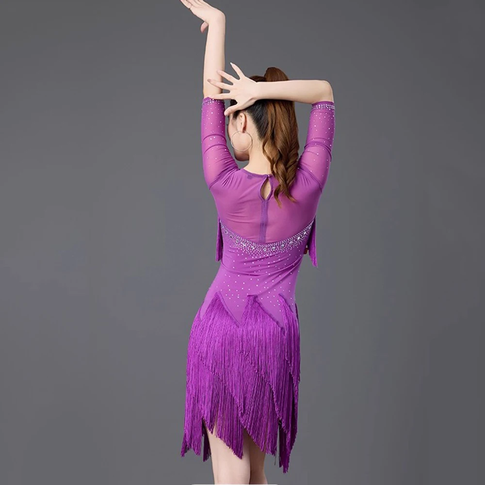 Costumi da ballo latino viola Costumi con nappe da donna Sala da ballo Salsa Abiti da palcoscenico Rumba Abiti con frange