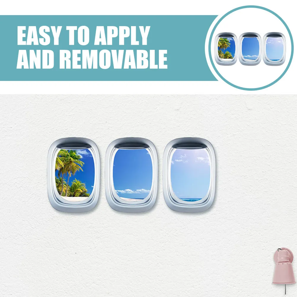 3pcs Airplane Porthole Sticker 3D L scape Wall Decor Removable Wallpaper Bedroom Living Room Fake Window Decal