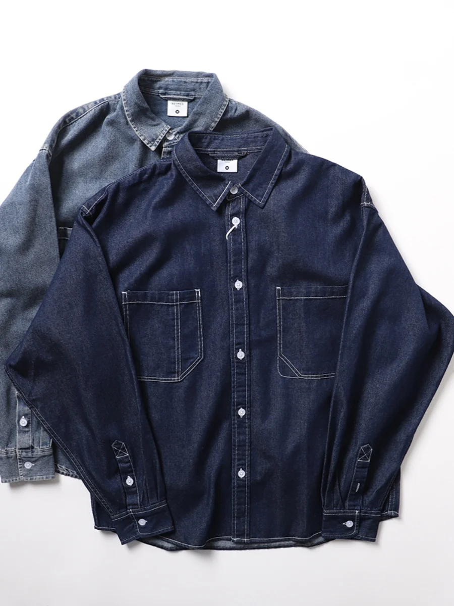 

Retro Waed Long Sve Denim irt Casual Loose Fit Collared Japanese Sle Men's Faion Outerwear Youth ular Autumn irt