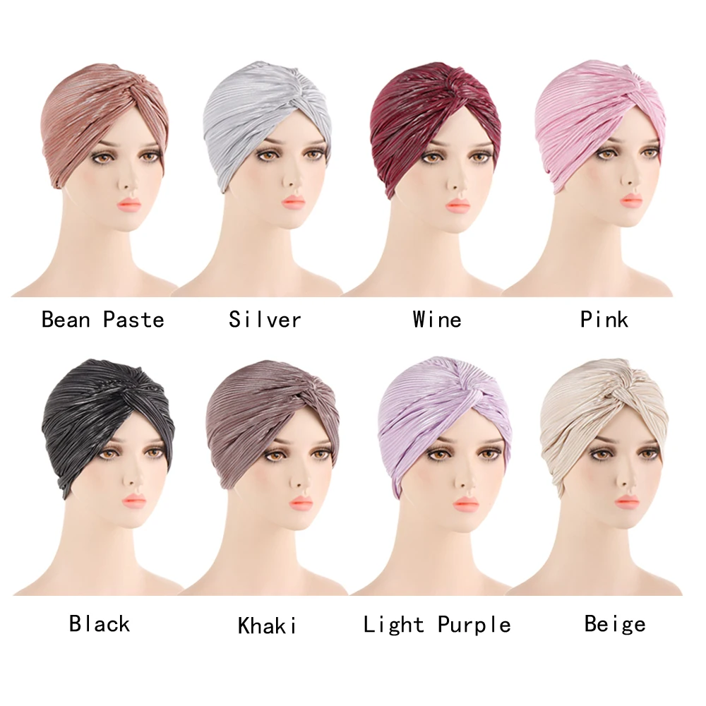 Shiny Glitter Women Muslim Twist Knot Hijab Turban Chemo Caps Bonnet Hair Loss Hat Headwrap Scarf Cover Cancer Solid Color Mujer