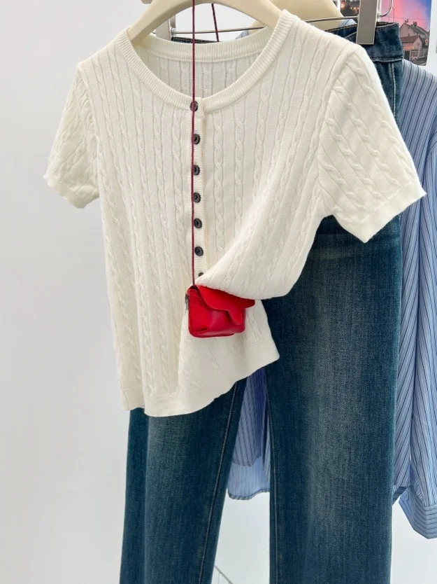 Retro coreano sle feminino ort sve malha camiseta verão novo sle f nó aberto fino ajuste ort comprimento tamanho pequeno topo