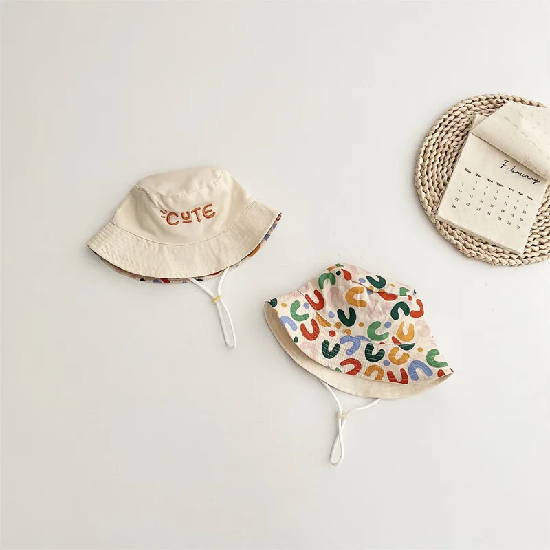 Double Sided Baby Bucket Hat Letter Embroidered Boys Girls Fisherman Cap Spring Summer Outdoor Kids Sun Hat