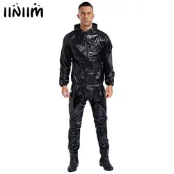 Unisex Womens Mens PVC Sauna Sweat Suit Long Sleeve Zipper Drawstring Hooded Jacket Tops with Pants Exercise Adult Sauna Outfit