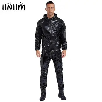 Tuta da sauna unisex da donna e da uomo in PVC, manica lunga, cerniera, coulisse, giacca con cappuccio, top con pantaloni, esercizio, sauna per adulti