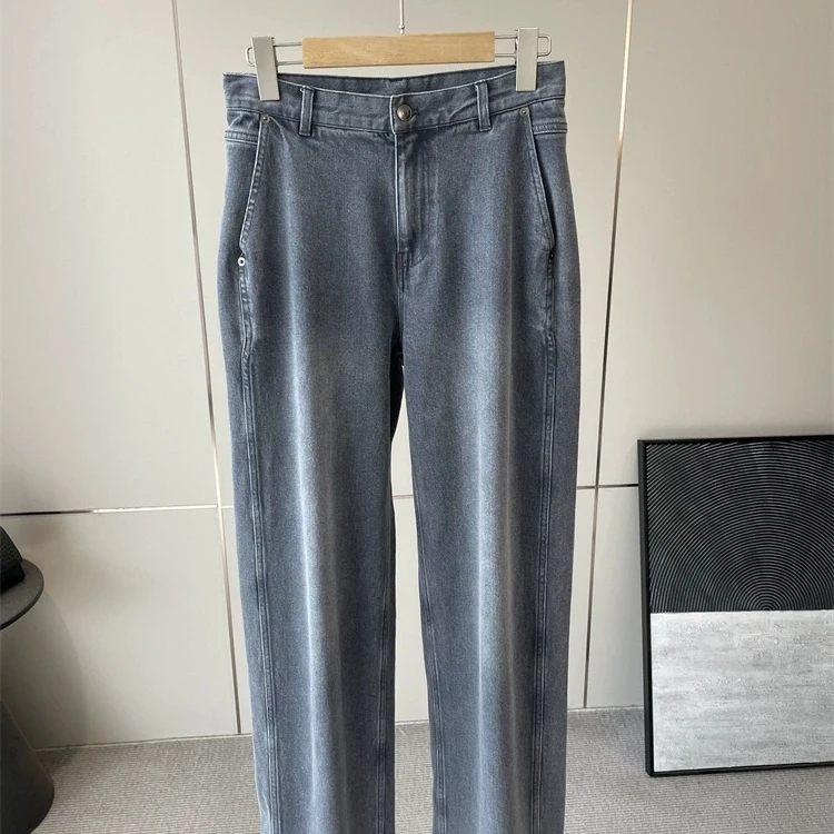 Luxury Washed Cotton Straight Leg High Waist Jeans Side Seam Forward Ladies High Waist Straight Leg Jeans Spring 2026