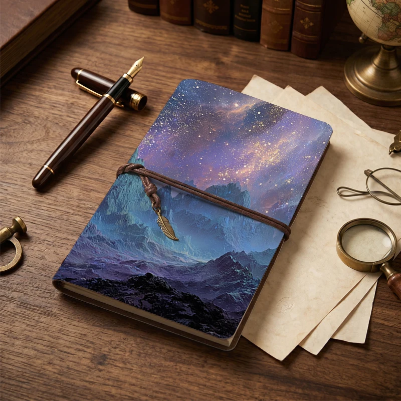 Galaxy Mountain Night Sky Journal A6-Vintage Leather Travel Notebook with Feather Charm Fantasy Landscape Starry Sky Hardcover D