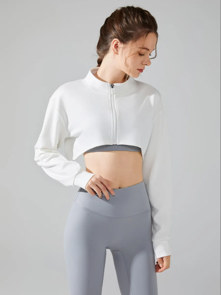 Long Sleeve Stand Collar Sports Jacket Women Yoga Gym Fitness Loose Zipper Sexy Crop Top Skin-friendly Breathable Soft Top