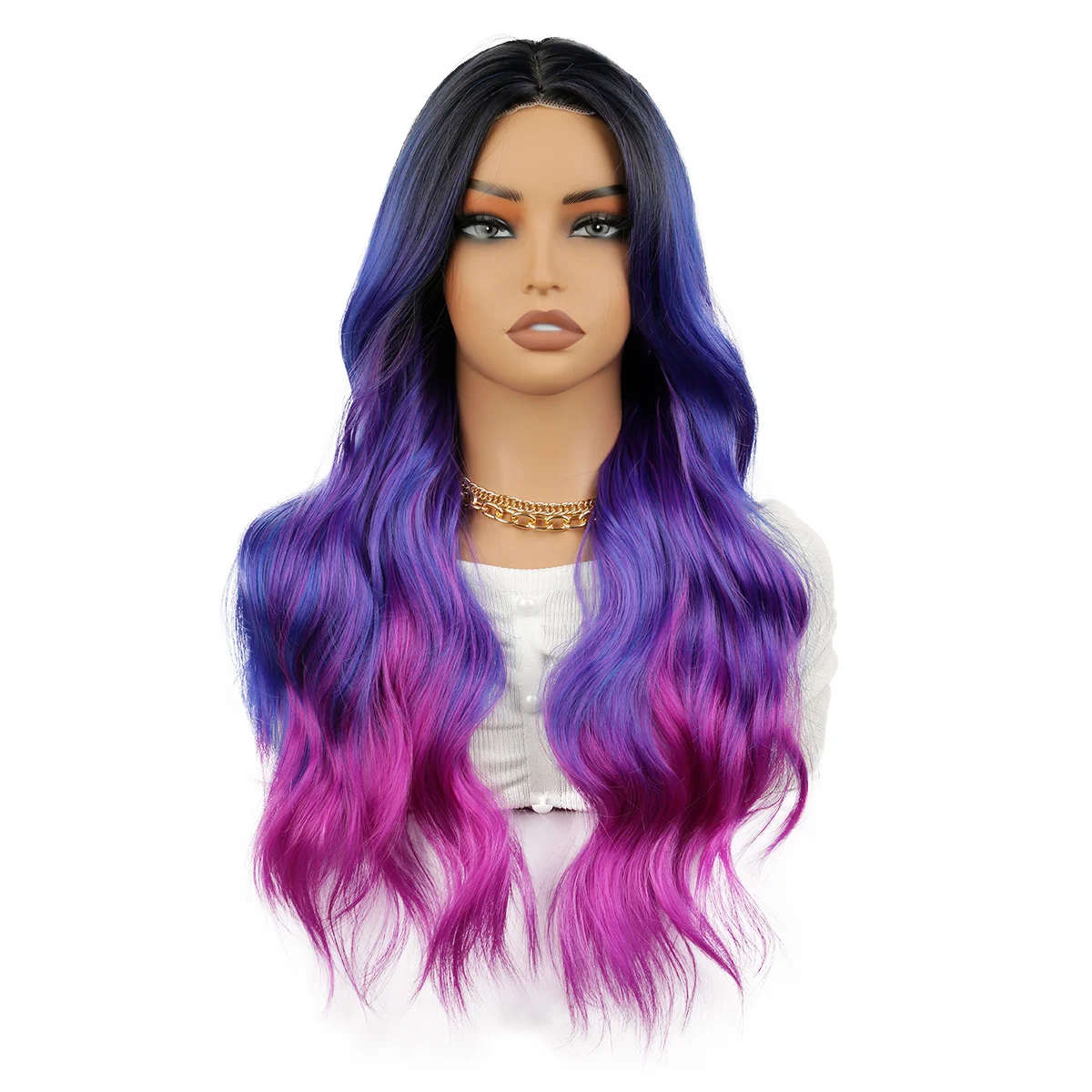 باروكة صناعية متوسطة الحجم متدرجة باللون الأزرق والأرجواني بدون غرة، باروكة عالية الجودة مقاس 24 بوصة للنساء يوميًا، والحفلات التنكرية، وما إلى ذلك