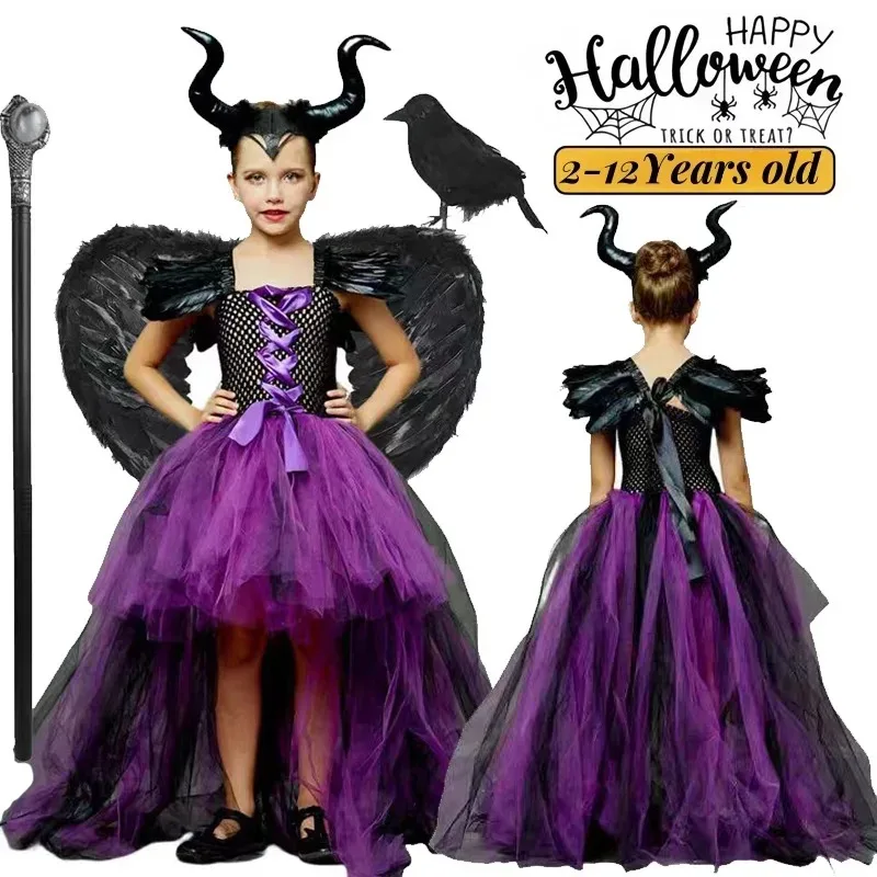 

Maleficent Costume Dress Halloween Girls Fancy Christening Black Glam Gownprom Girls Cosplay Demon Queen Witch Clothes