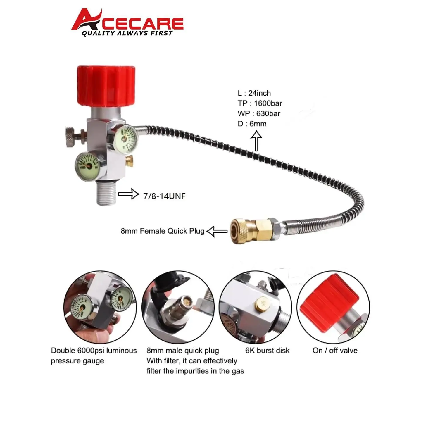 ACECARE 4500Psi 300Bar Заправочная станция Зарядный клапан из нержавеющей стали с двойным манометром и 24-дюймовым шлангом высокого давления