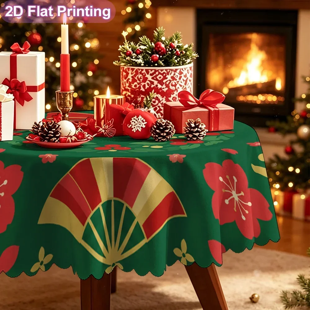 2D flat single tablecloth, bohemian Christmas wreath fan bow bell print round tablecloth